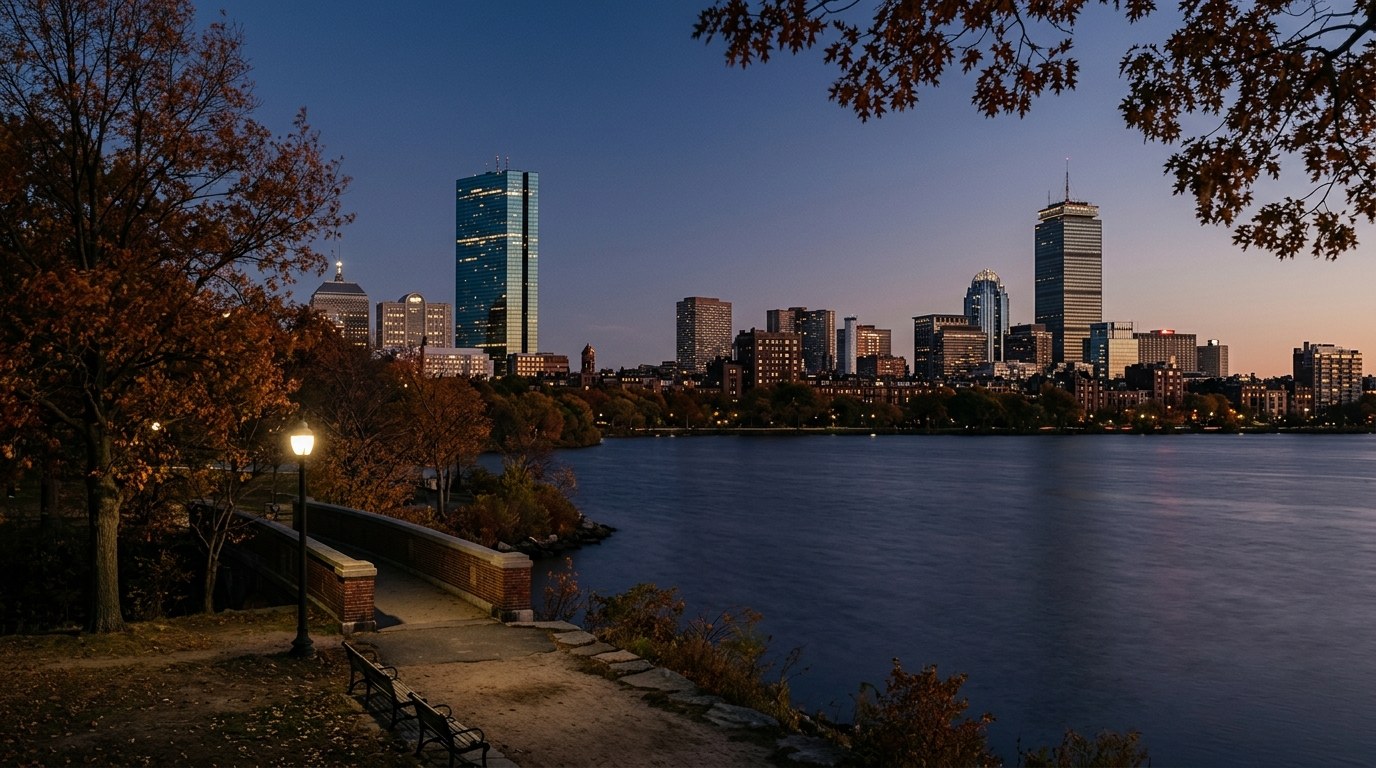 Editorial illustration of the Boston Back Bay skyline at dusk, with warm lights reflected on the Charles River
