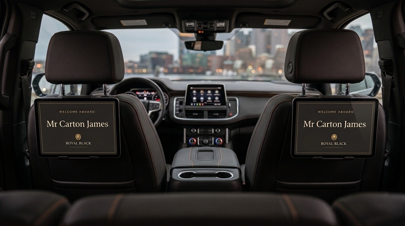 Illustration of the planned Royal Black welcome screens on two passenger iPads